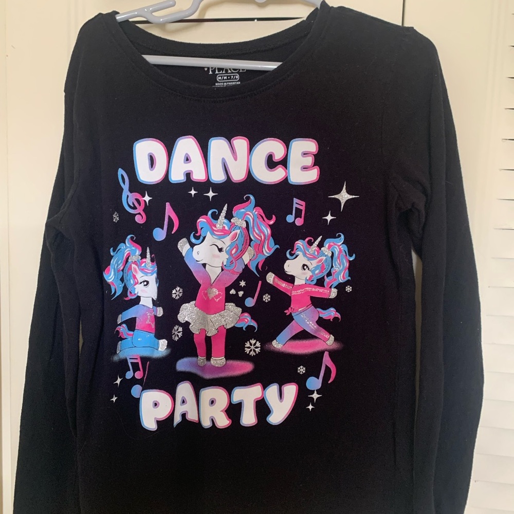 The Children’s Place Black Dance Party Unicorn Top Size 7/8
